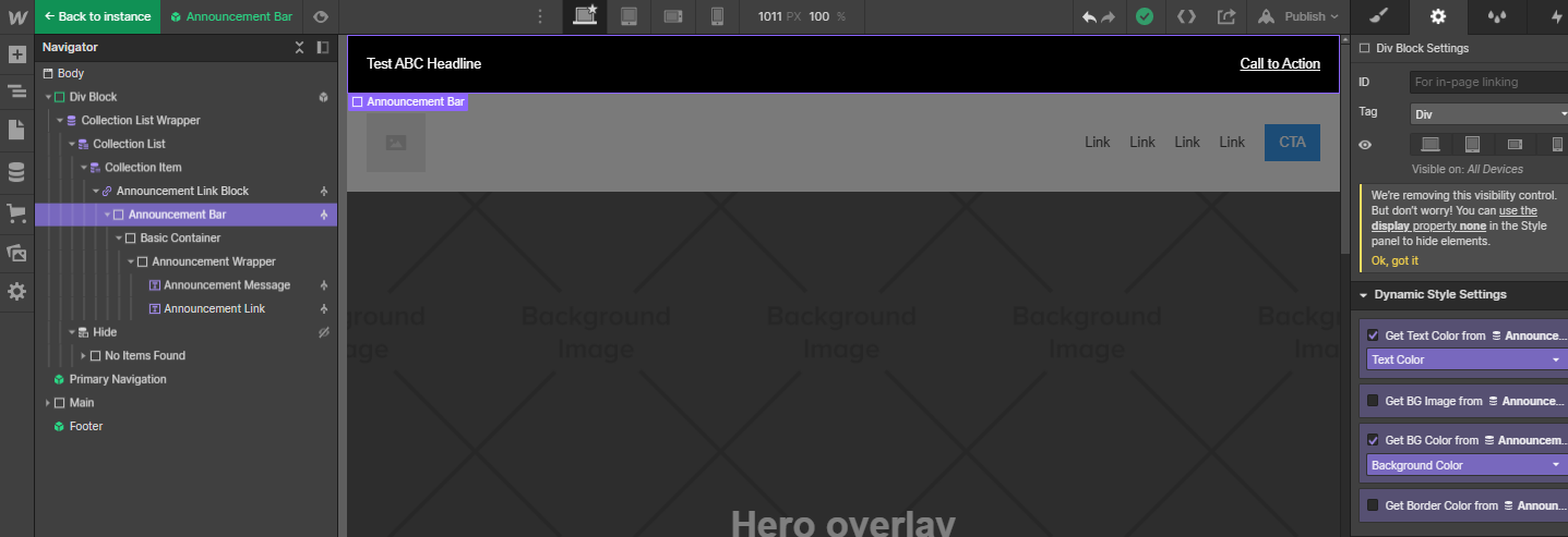 Setting up an "Announcement Bar" div in the Webflow Designer